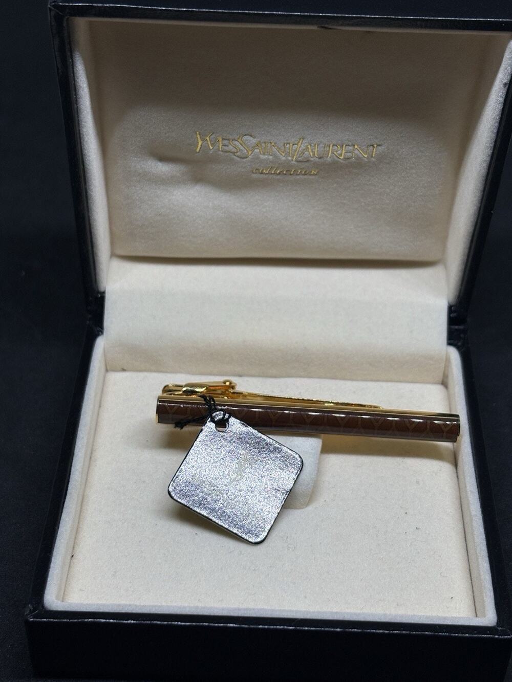Yves Saint Laurent YSL Tie Clip Bar Gold Tone Brown Enamel Y Pattern Box Tag NWT